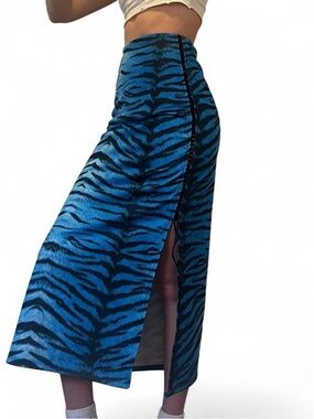 Blue Tiger-Print Midi Skirt with Side Slit